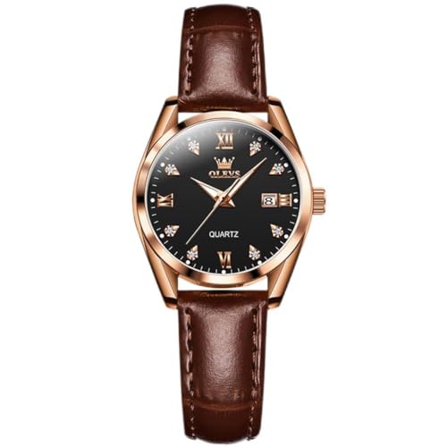 OLEVS レディース腕時計 日本製クォーツ ステンレスバンド クラシック文字盤 夜光機能 30M防水 ビジネス 女性用ウォッチ 人気 おしゃれ かわいい ギフト watch for women (ブラウンベルト+ローズゴールドケース+ブラック文字盤)